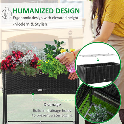 Rattan Raised Garden Boxes, Elevated Flower Beds with Storage Shelf for Herbs, Flowers, Vegetables, Black