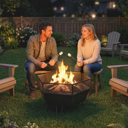 20" Fire Pit with Fire Poker, Foldable Wood Burning Firepits with Lid, Portable Firepit, Black