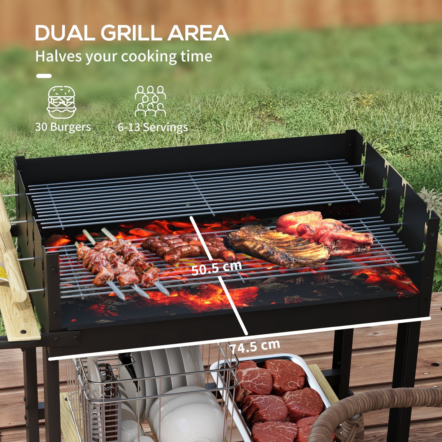 Charcoal Grill,Barbecue Trolley with Double Adjustable Grill, Side Table, Storage Shelf and Wheels, Black