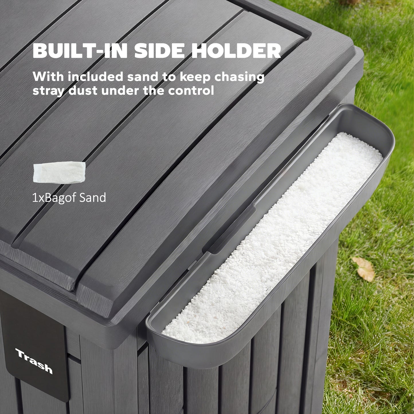 29 Gallon Outdoor Garbage Bin with Dual Lid, Plastic Outdoor Waste Trash Can with Side Holder and Drip Tray, Grey