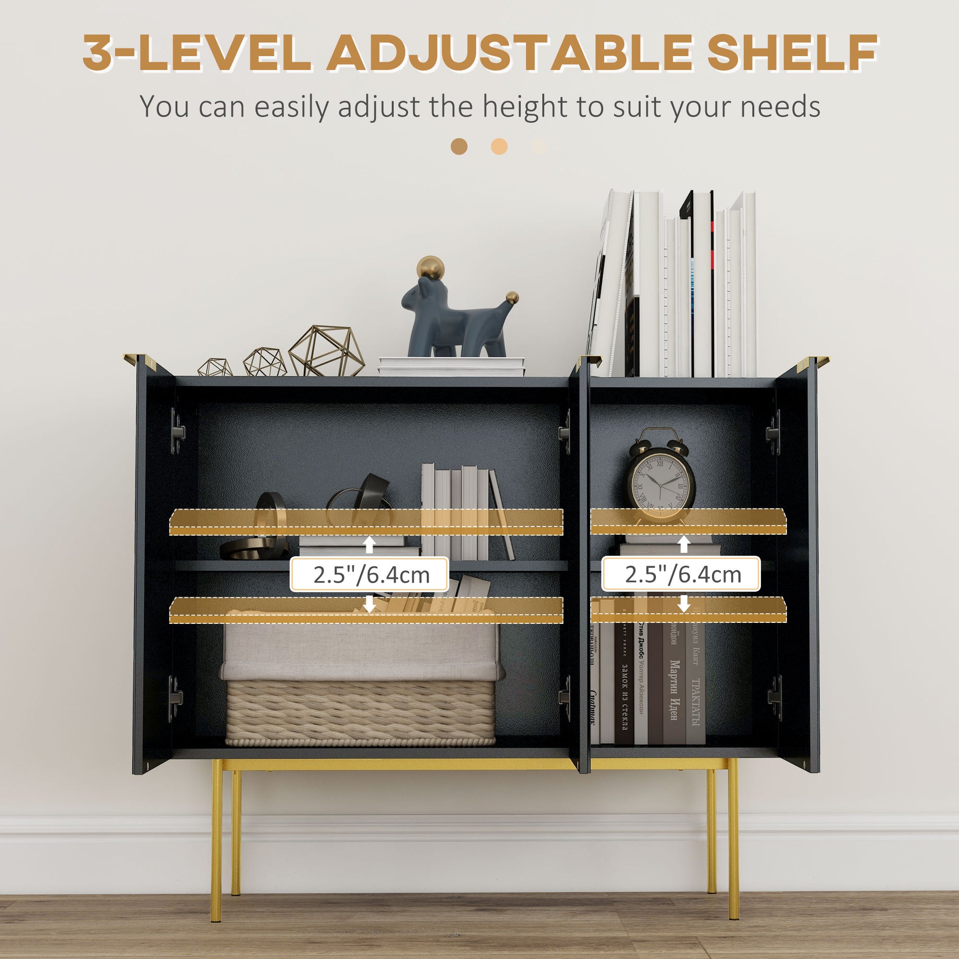 Modern Storage Cabinet Sideboard Buffet Cabinet with Gold Legs for Living Room Dining Room Hallway Black