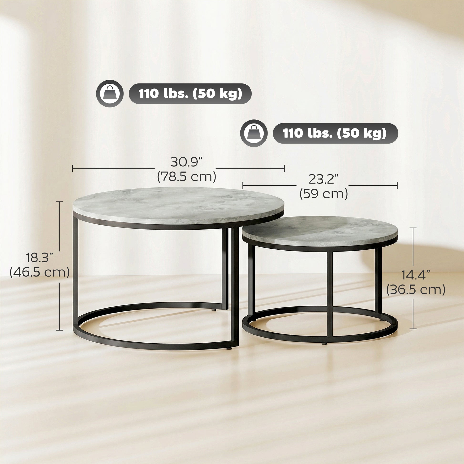 Modern Coffee Table Set of 2, Nesting Side Tables w/ Metal Base for Living Room Bedroom Office Marble Grey