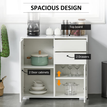 High Gloss Buffet Sideboard with 2 Drawers, 2 Doors and Adjustable Shelf, Kitchen Storage Cabinet with Push Open Design, White