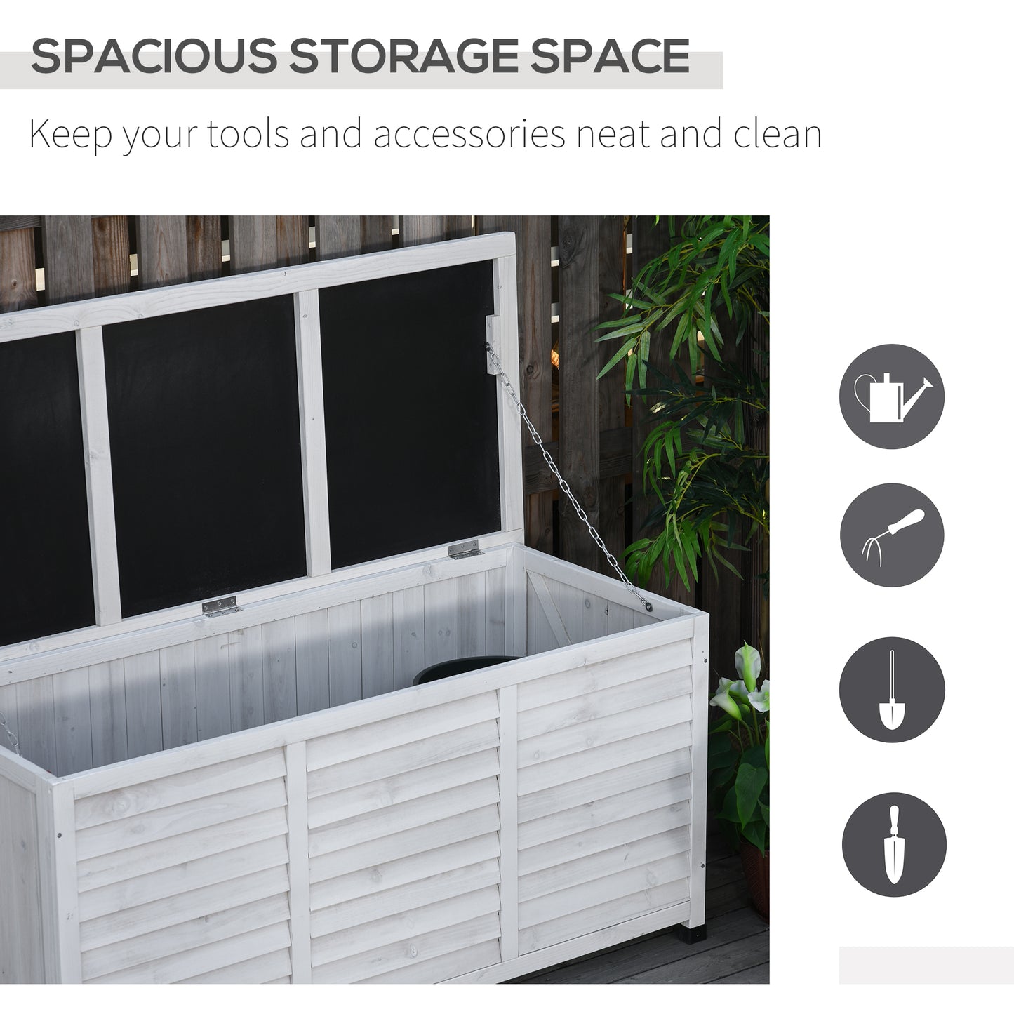 75 Gallon Wooden Storage Box patio Deck Box Bench, Garden Backyard Outdoor Storage Container with Aerating Gap & Weather-Fighting Finish, White