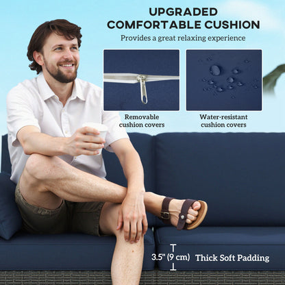 3-Seater Outdoor Sofa with Cushions, PE Rattan Conversation Patio Couch with Pillows for Garden, Poolside, Blue/Brown