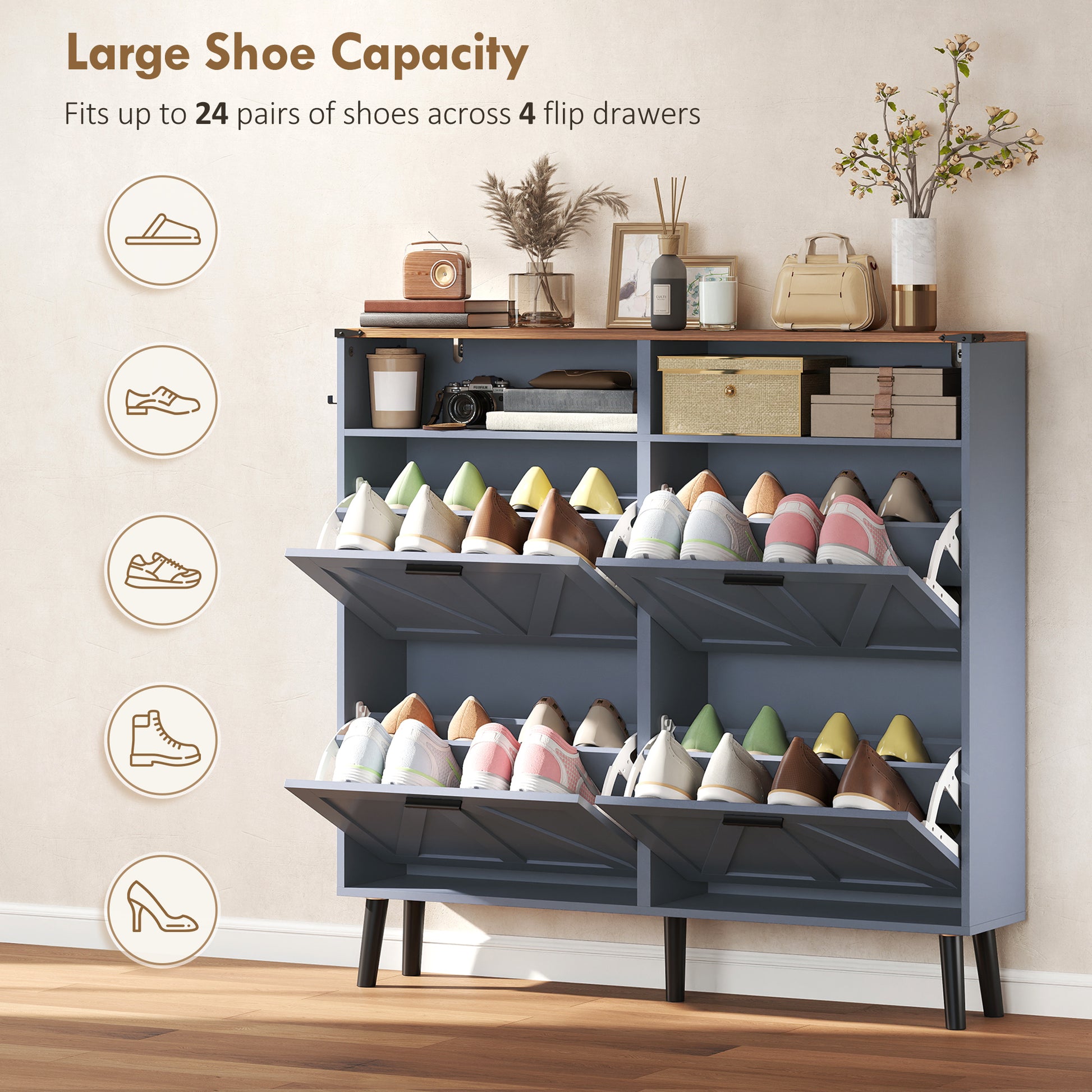 Shoe Storage Cabinet with 4 Flip Drawers, Farmhouse Narrow Shoe Cabinet, Holds Up to 24 Pairs, Blue