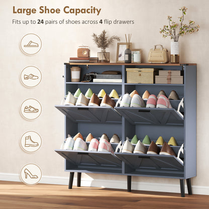 Shoe Storage Cabinet with 4 Flip Drawers, Farmhouse Narrow Shoe Cabinet, Holds Up to 24 Pairs, Blue
