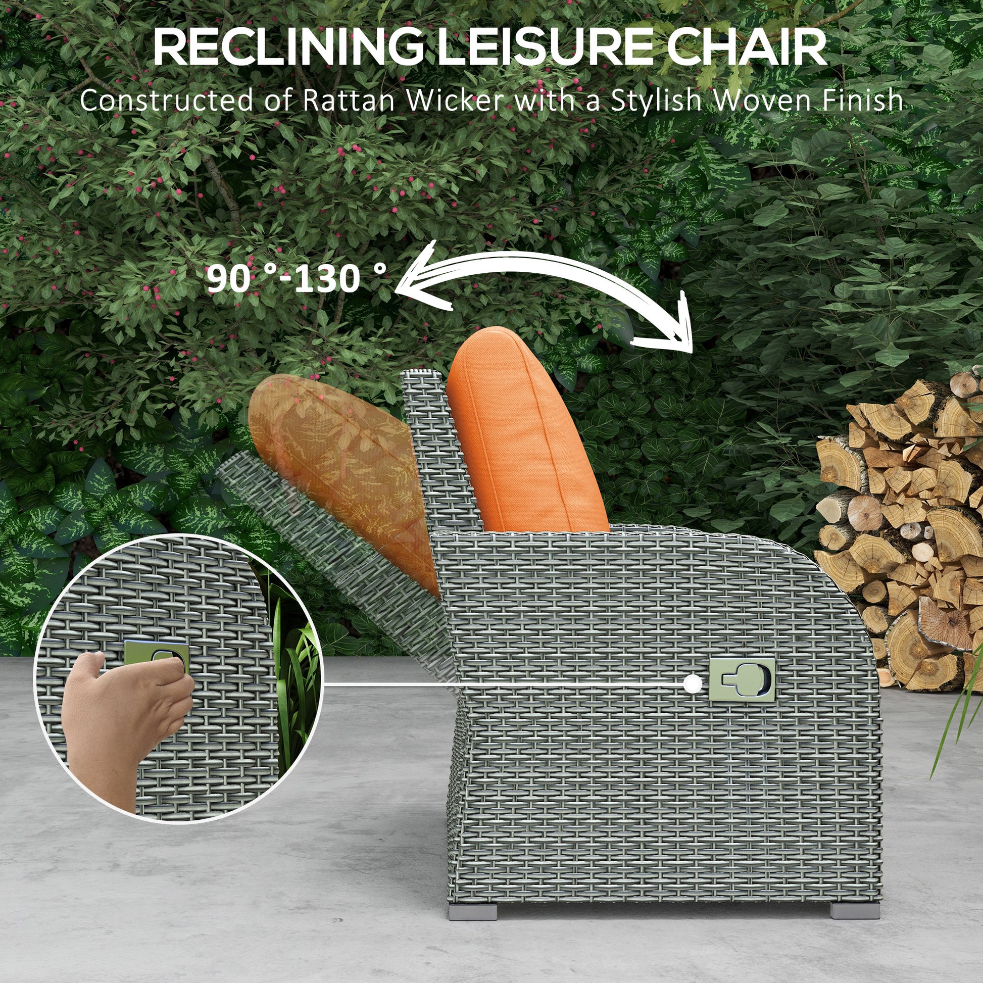 6 Pieces Patio Furniture with 2 Recliner Chairs, PE Wicker Sectional Furniture Conversation Set with a 3-Seat Sofa, 2 Footstools, Table, Cushions, Orange