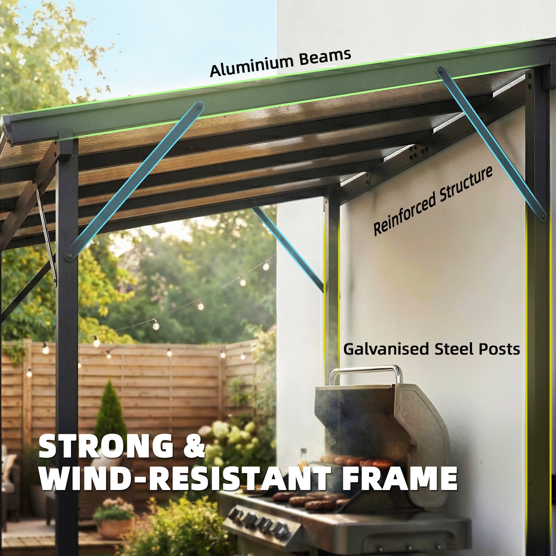 Hardtop Grill Gazebo, Lean-to BBQ Shelter with Polycarbonate Roof for Outdoor, Patio, Lawn