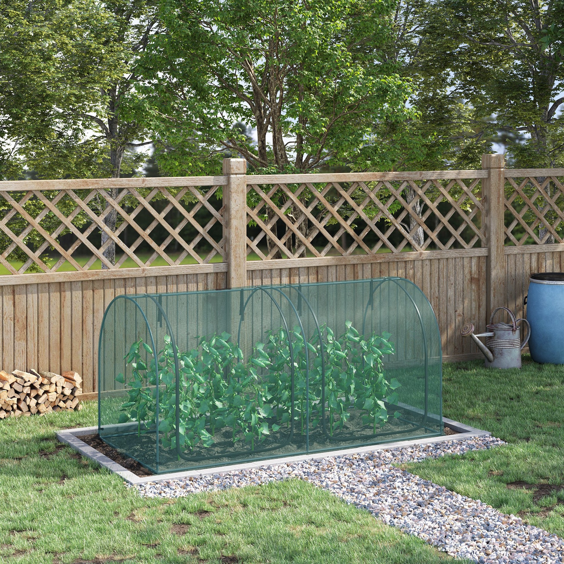 8' x 3' Crop Cage, Garden Plant Protector, with 3 Zippered Doors and 6 Ground Stakes, for Garden, Yard, Lawn Dark Green