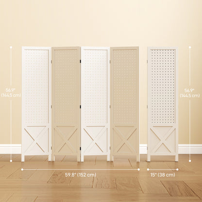 56.9" 4 Panel Wooden Room Divider with Pegboard Display, Folding Privacy Screen for Home Office, White