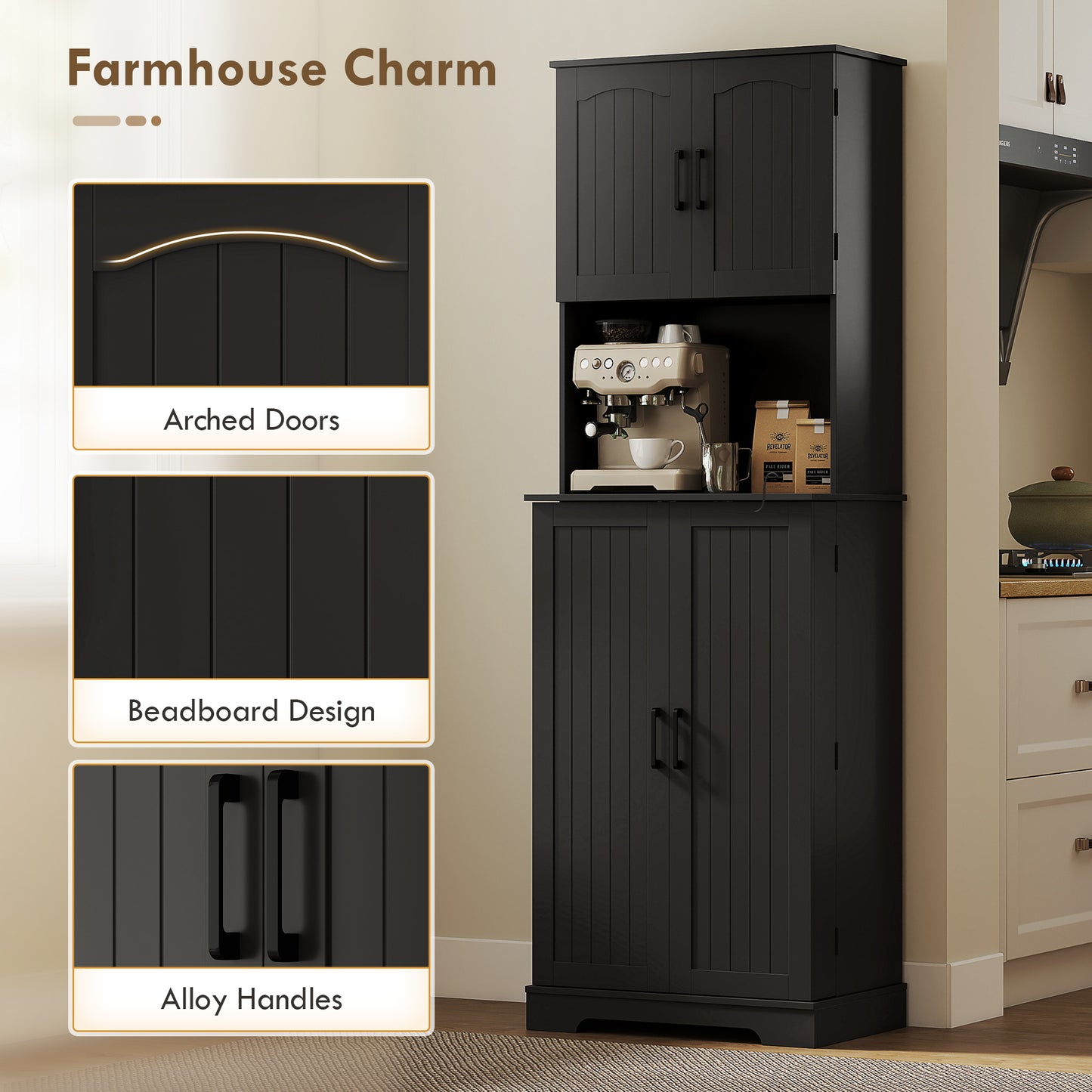 71.5" Tall Pantry Cabinet, Farmhouse Kitchen Storage Cabinet with Adjustable Shelves, 8 Door Spice Racks, Black
