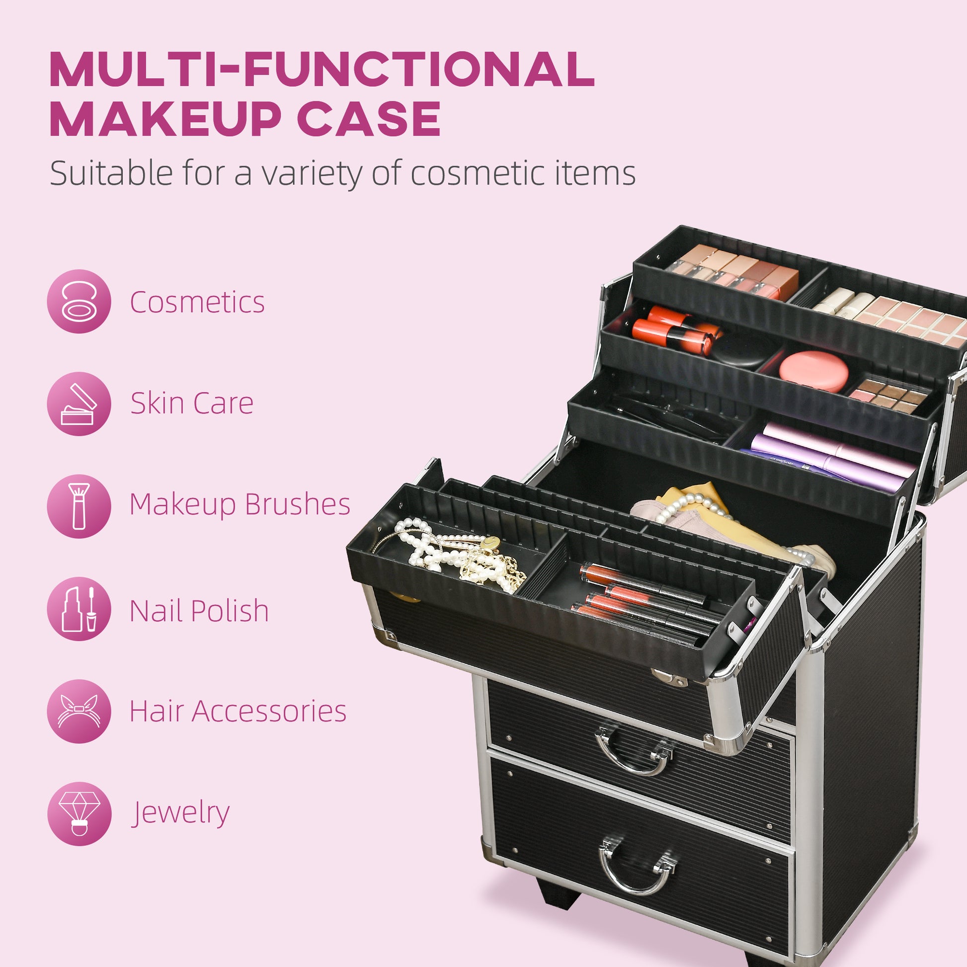 Aluminum Rolling Makeup Train Case, Portable Professional Cosmetic Makeup Case, Lockable Traveling Cart Trunk with Folding Trays, Swivel Wheels and Keys, Black