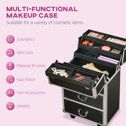 Aluminum Rolling Makeup Train Case, Portable Professional Cosmetic Makeup Case, Lockable Traveling Cart Trunk with Folding Trays, Swivel Wheels and Keys, Black