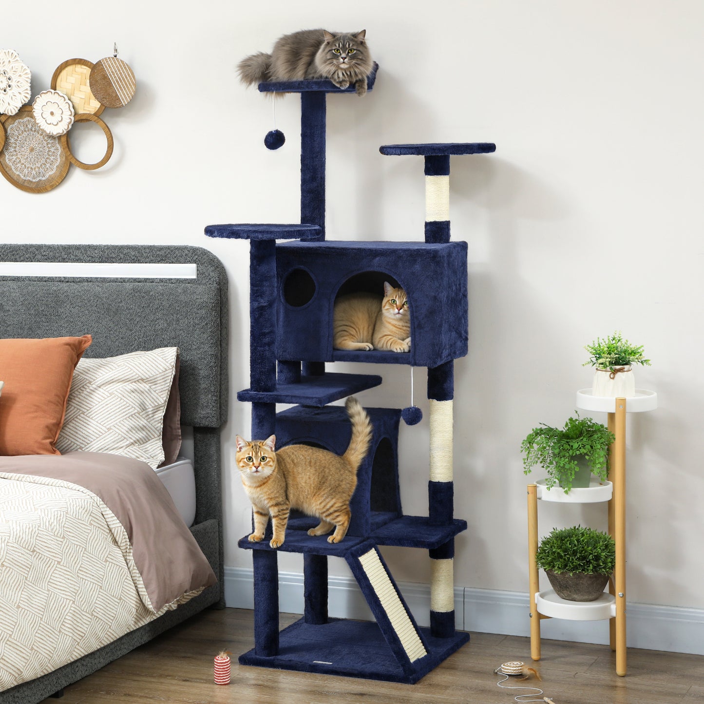 63" Cat Tree, Multi-Level Cat Tower with Scratching Posts, Cat Condos, Bed, Platforms, Ramp, Toy Ball, Dark Blue