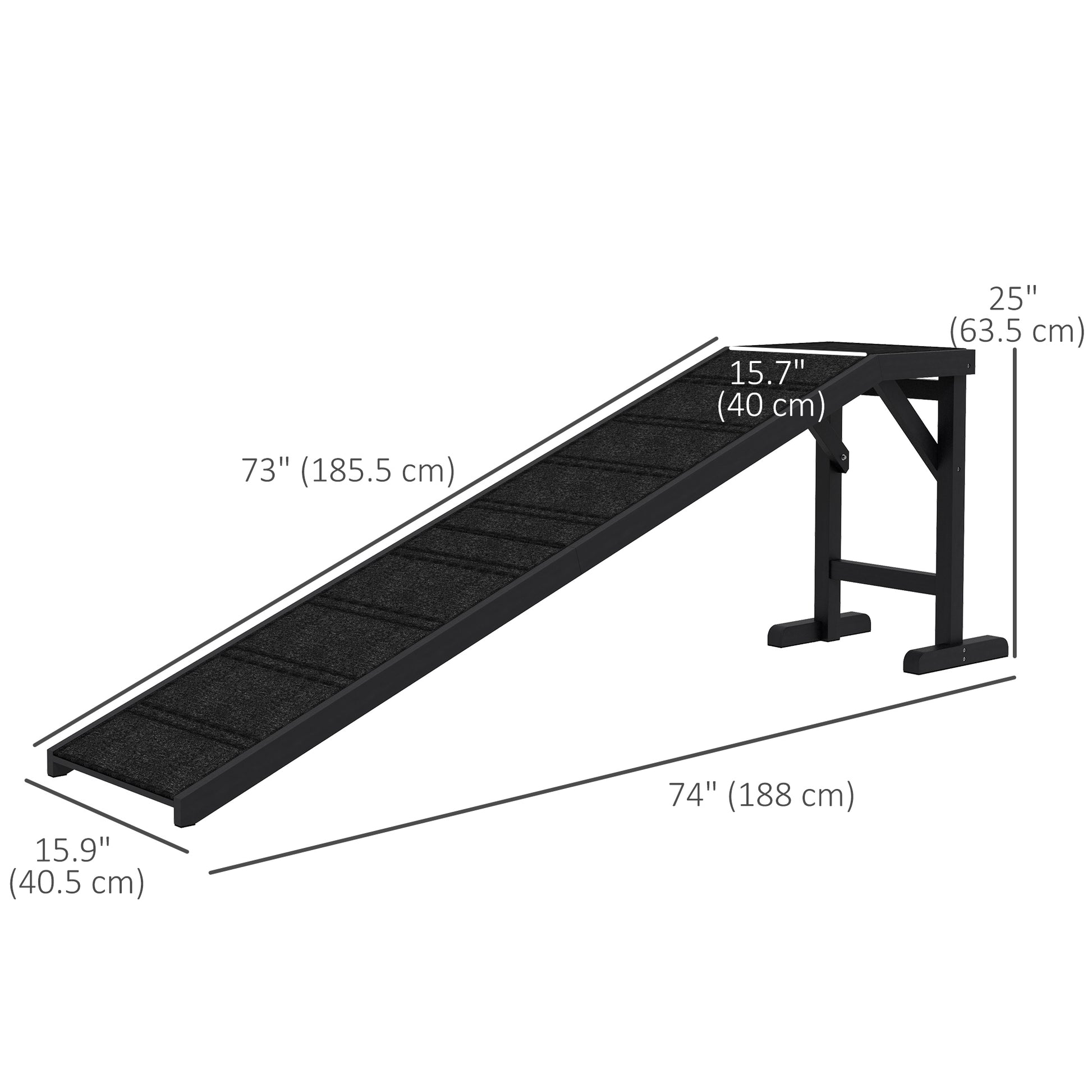 Pet Ramp Bed Steps for Dogs Cats Non-slip Carpet Top Platform Pine Wood 74"L x 16"W x 25"H Black