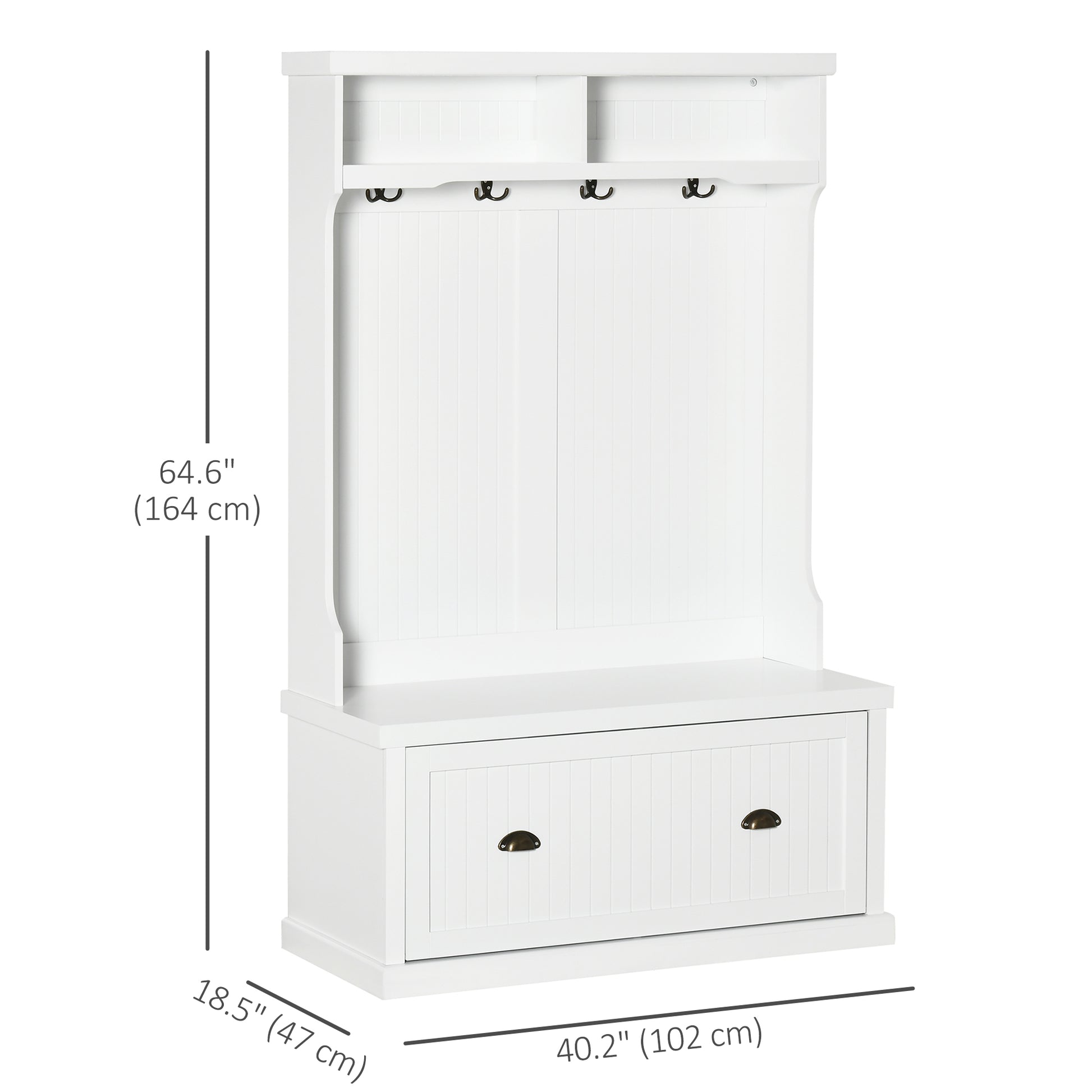 64.5" H Hall Tree with Storage Drawer & Top Shelf, Coat Rack Wooden Entryway Storage Bench Hall Tree Hallway Clothes Bag Coat Rack 4 Hooks, White
