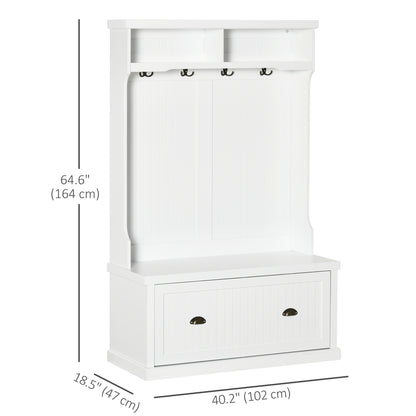 64.5" H Hall Tree with Storage Drawer & Top Shelf, Coat Rack Wooden Entryway Storage Bench Hall Tree Hallway Clothes Bag Coat Rack 4 Hooks, White