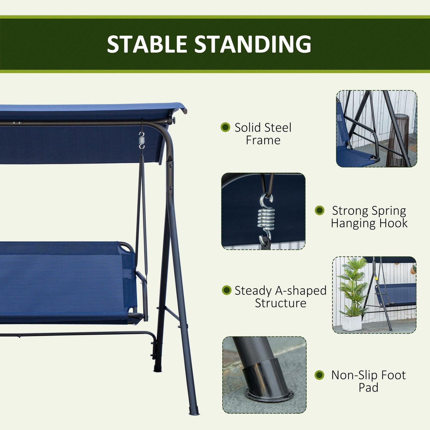 3-Seater Outdoor Porch Swing with Adjustable Canopy, Patio Swing Chair for Garden, Poolside, Backyard, Dark Blue