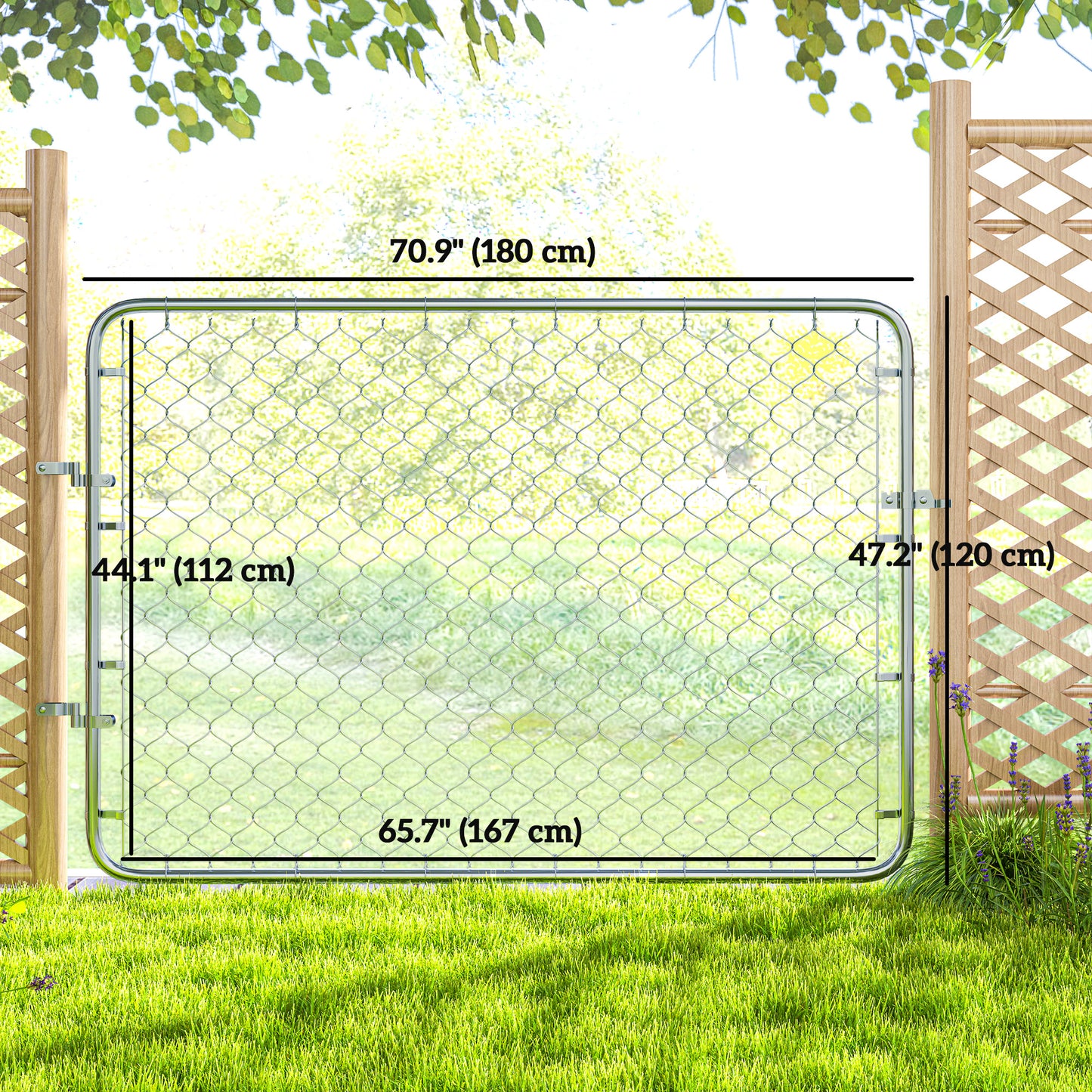 Garden Gate Chain Link Fence Gate, Galvanized Steel Garden Door for Yard Entrance Way, 47.2 x 70.9 in., Silver