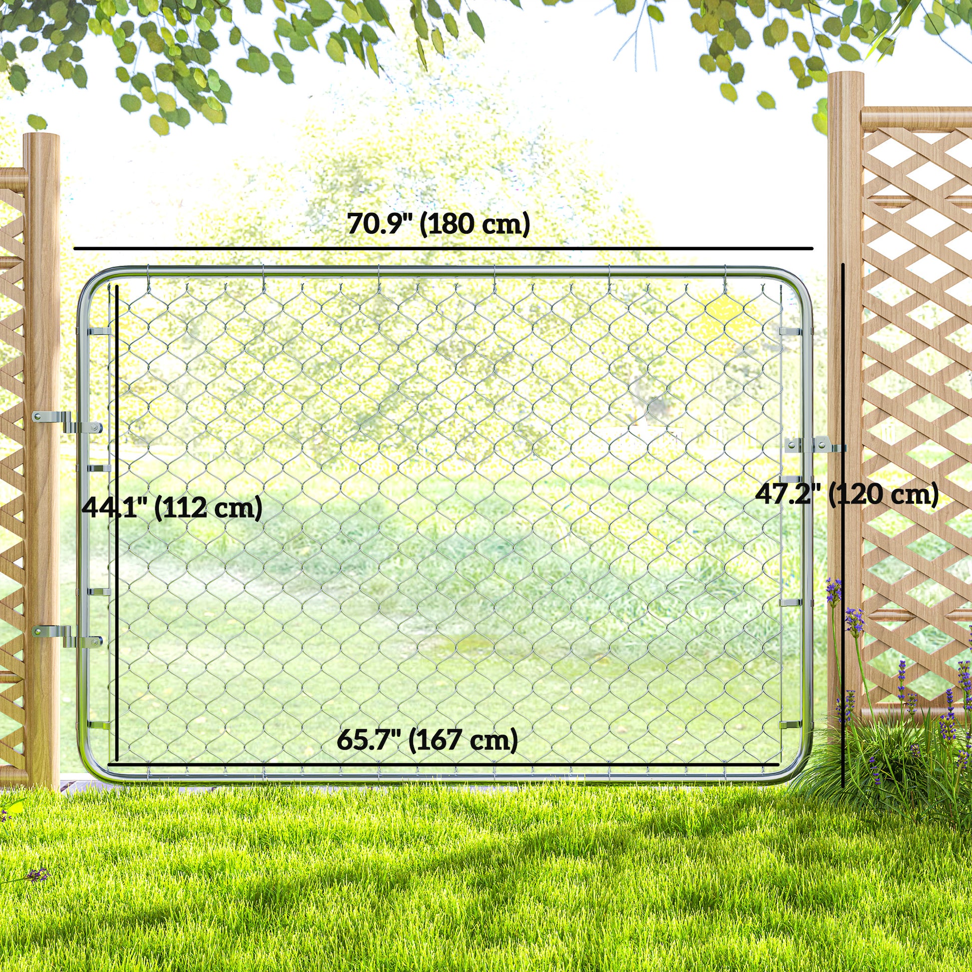 Garden Gate Chain Link Fence Gate, Galvanized Steel Garden Door for Yard Entrance Way, 47.2 x 70.9 in., Silver