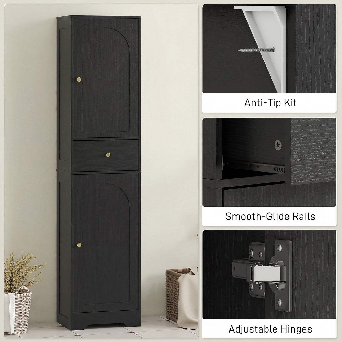 67" Tall Bathroom Cabinet, Slim Bathroom Storage Cabinet with 2 Doors, Drawer and Adjustable Shelf, Black Wood Grain