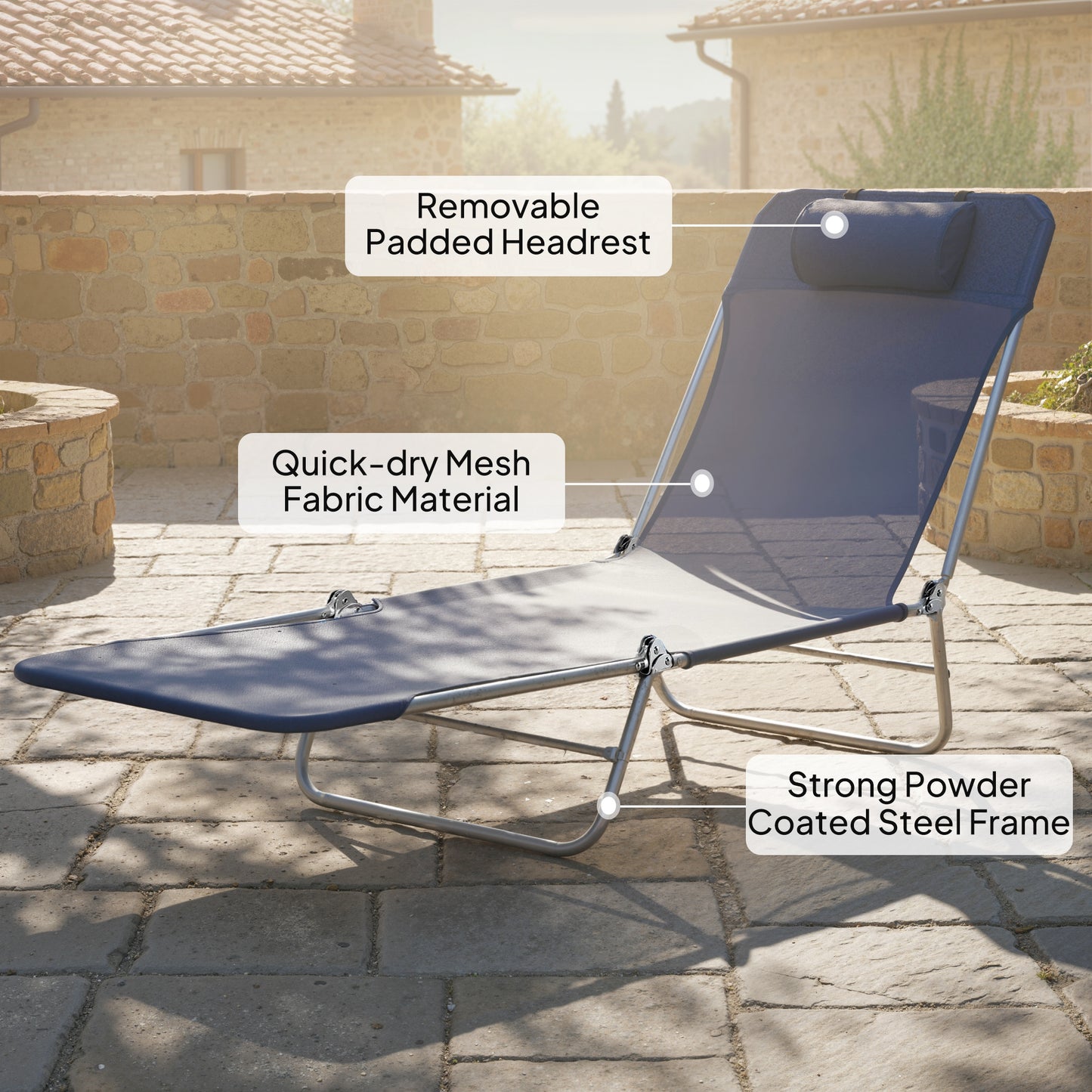 Outdoor Lounge Chair, Portable Adjustable Reclining Seat Folding Chaise Lounge Patio Camping Beach Tanning Chair Bed with Pillow, Dark Blue