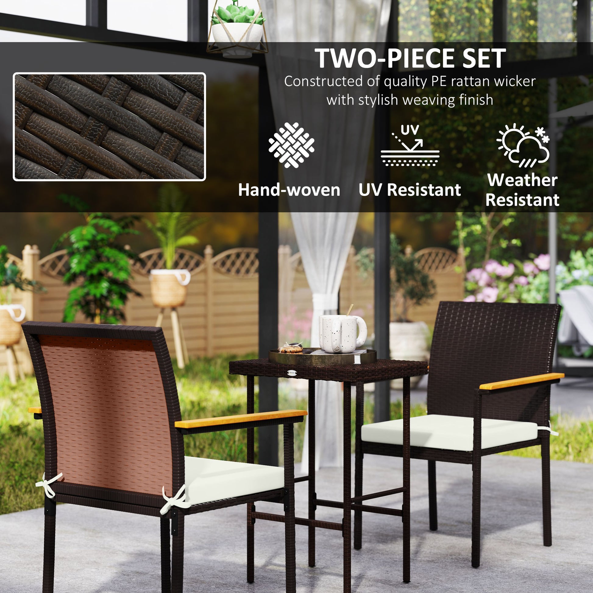 Stackable Wicker Patio Chairs Set of 2 with Removable Cushion, Armrest for Garden, Porch, Yard, Cream White