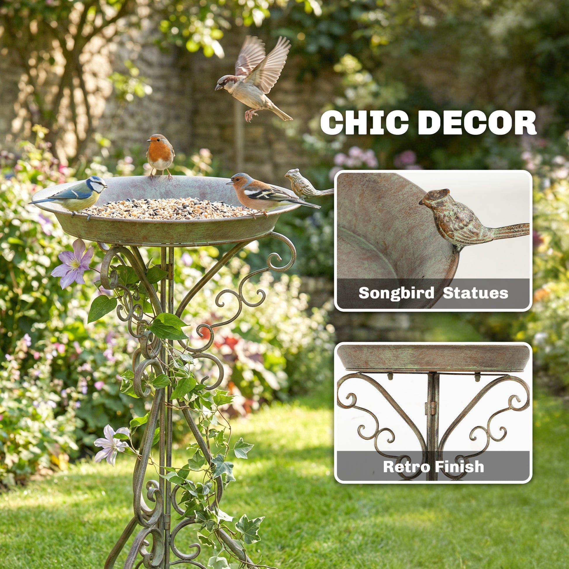 30" Tall Bird Bath with Bird Statue and Decorative Stand, Freestanding Vintage Garden BirdBath Bowl Pedestal