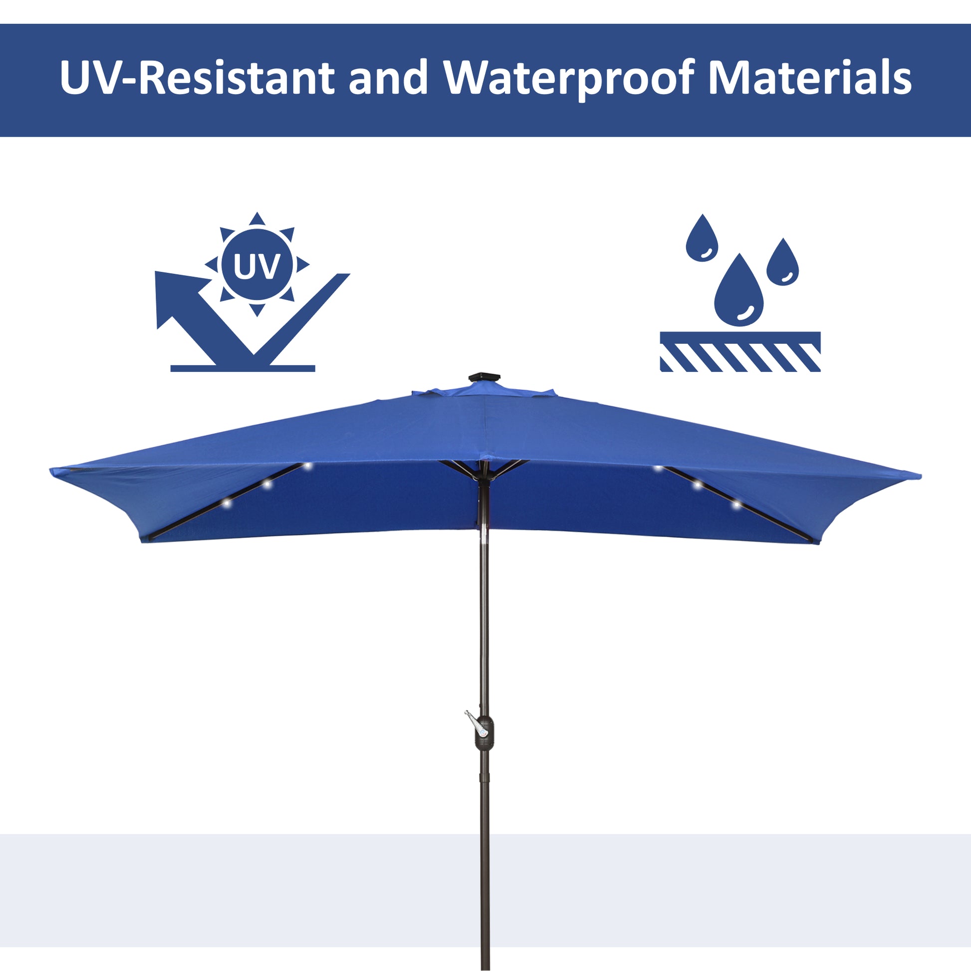 6.5x10ft Patio Umbrella Rectangle Solar Powered Tilt Aluminum Outdoor Market Parasol with LEDs Crank (Dark Blue)