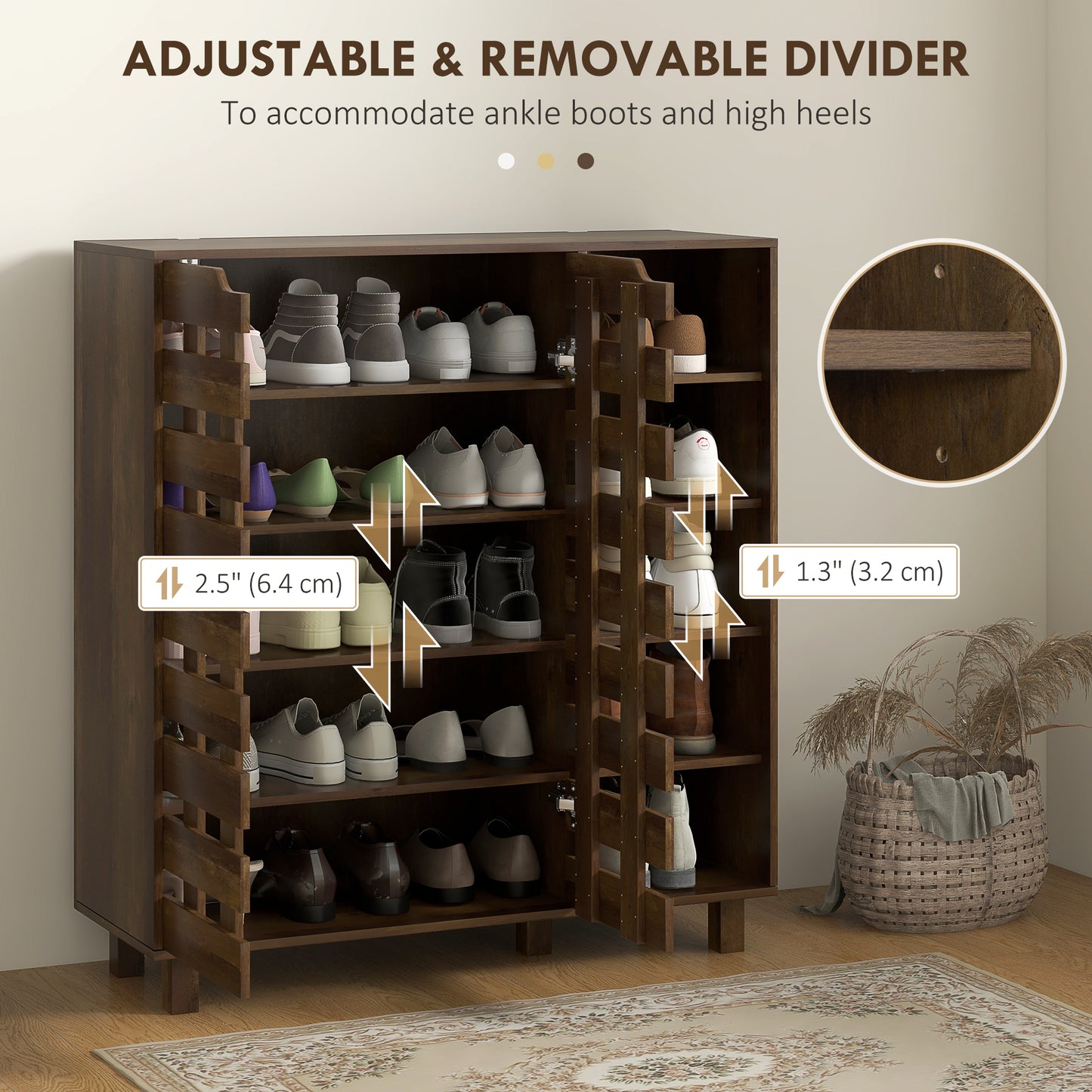Shoe Cabinet, 21 Pair Shoe Storage Cabinet Organizer with 5-tier Double Door Cupboard and 5-tier Open Shelves, Brown