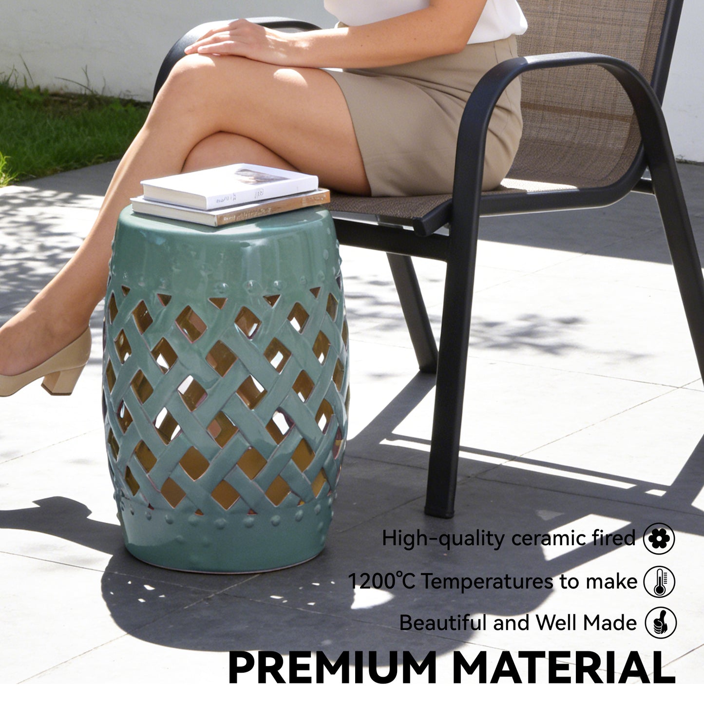 18" Ceramic Garden Stool with Woven Lattice Design, Indoor & Outdoor Decorative Accent Stool, Blue
