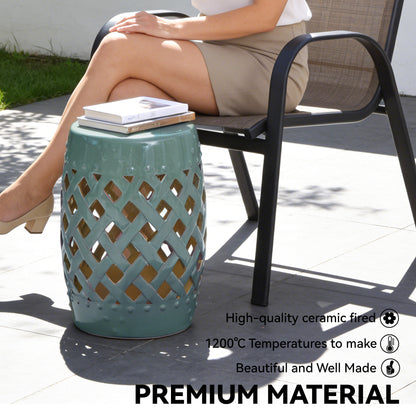 18" Ceramic Garden Stool with Woven Lattice Design, Indoor & Outdoor Decorative Accent Stool, Blue