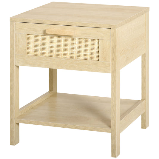 Narrow Nightstand with Rattan Elements, Bedside Table with Drawer and Storage Shelf for Bedroom, Natural