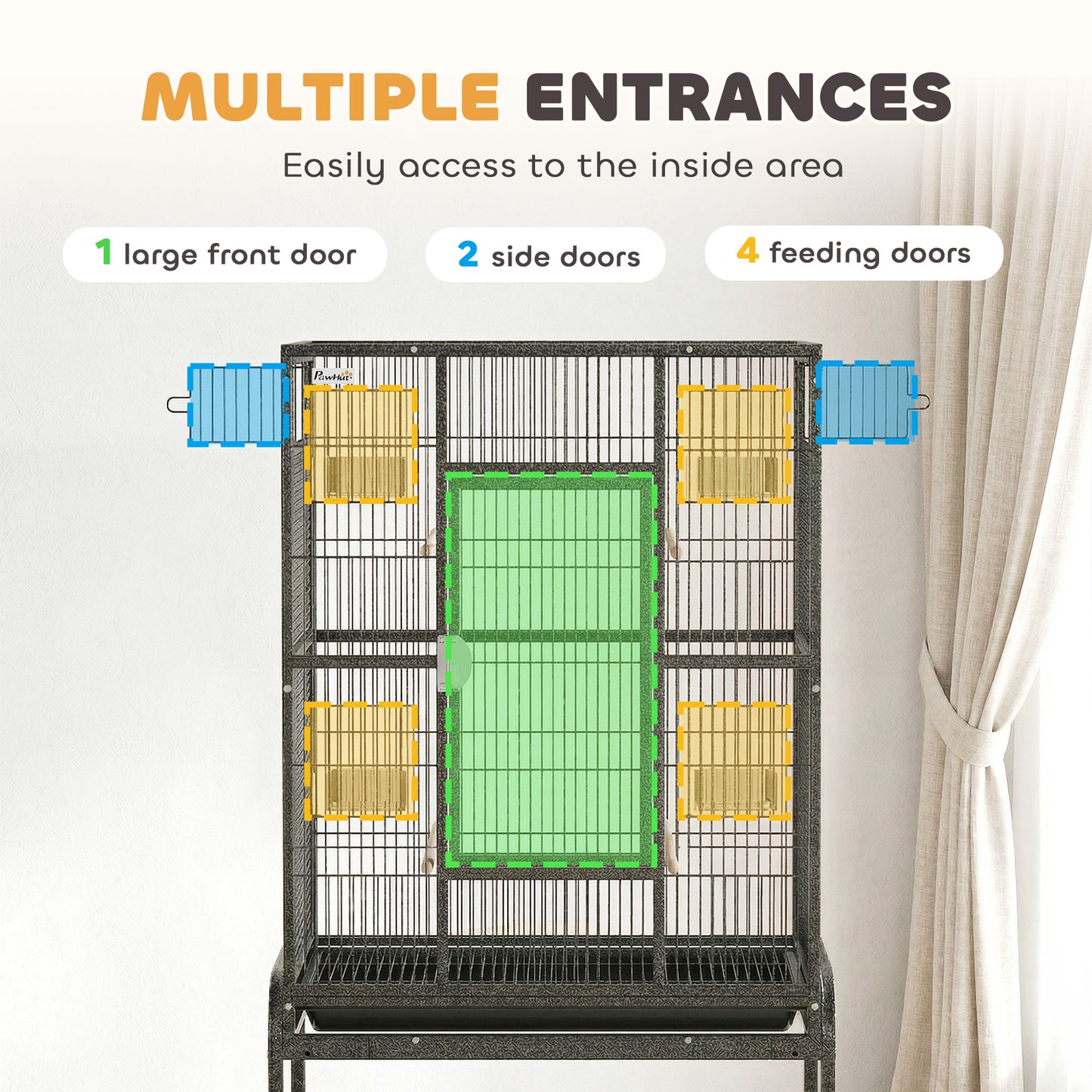 56"H Bird Cage, Parrot Cage w/ Detachable Rolling Stand, Removable Tray, Storage Shelf, Perches, Food Container