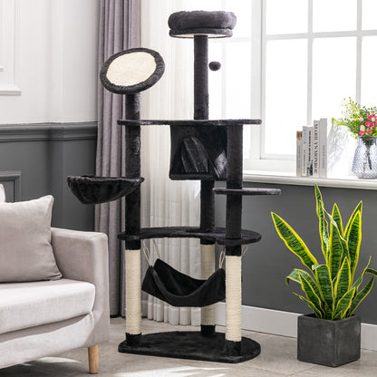 60" Multi-Level Plush Cat Tree, Tall Cat Tower with Scratching Posts and 2 Hammocks, Dark Grey