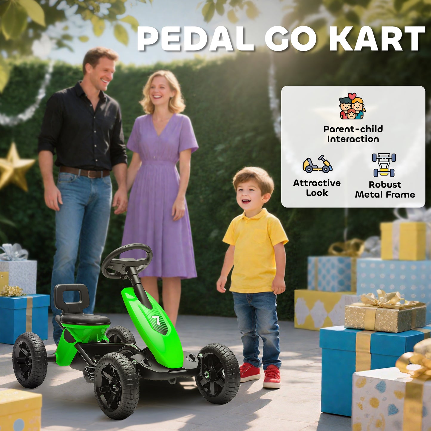 Qaba Pedal Go Kart for Kids 2-5 Years Old with Silent EVA Wheels, Metal Frame, Green