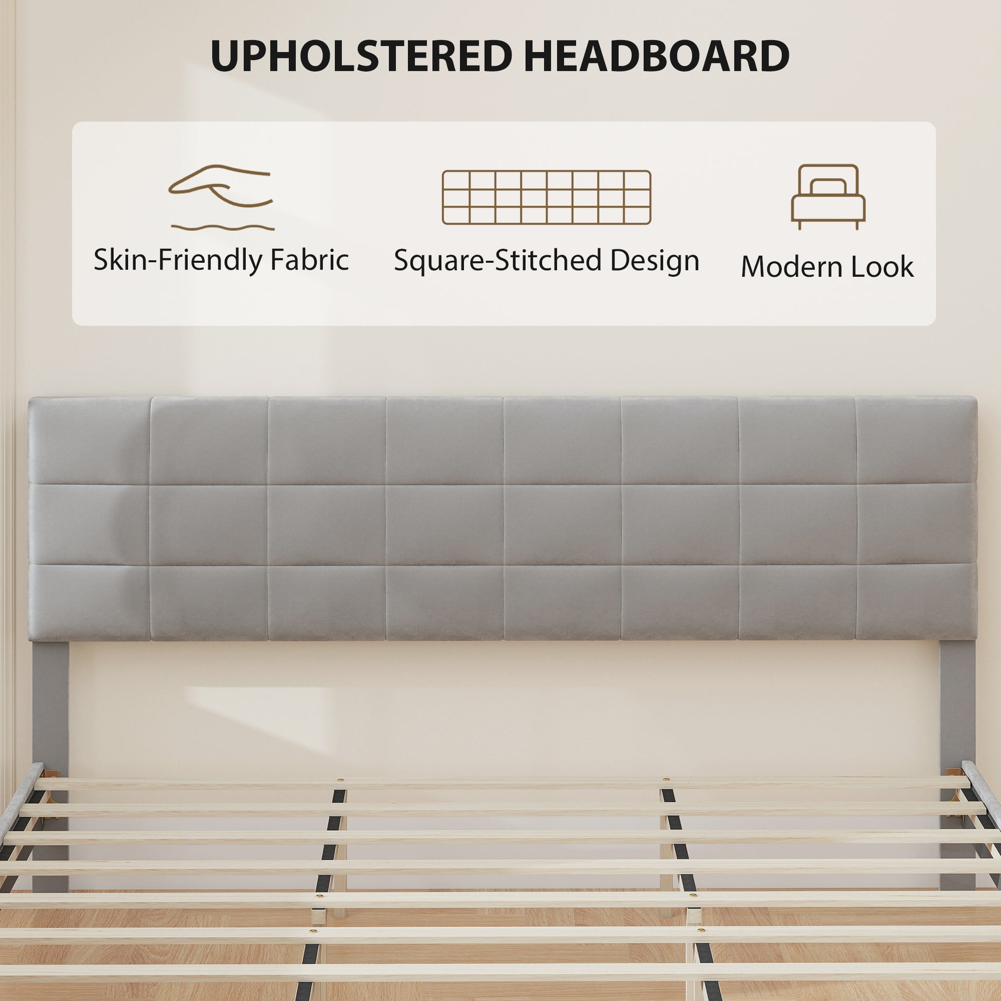 King Size Bed Frame with Upholstered Headboard, Modern Platform Bed Frame with Wood Slats, 1100 lbs Capacity, Grey