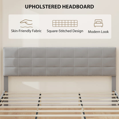 King Size Bed Frame with Upholstered Headboard, Modern Platform Bed Frame with Wood Slats, 1100 lbs Capacity, Grey