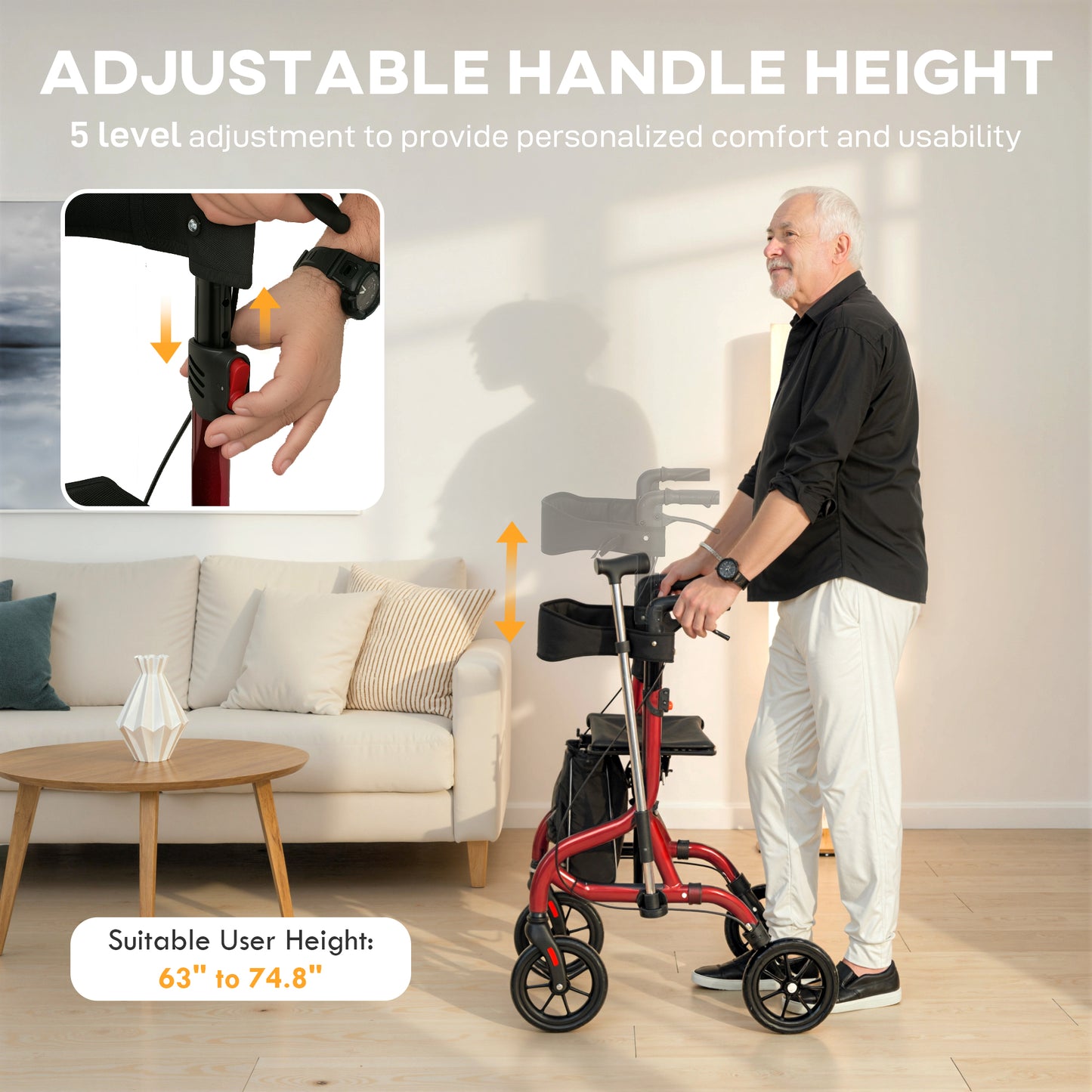 Foldable Rollator Walker with Seat for Seniors, Lightweight Rolling Walker with Adjustable Handles, Red