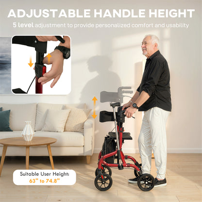 Foldable Rollator Walker with Seat for Seniors, Lightweight Rolling Walker with Adjustable Handles, Red