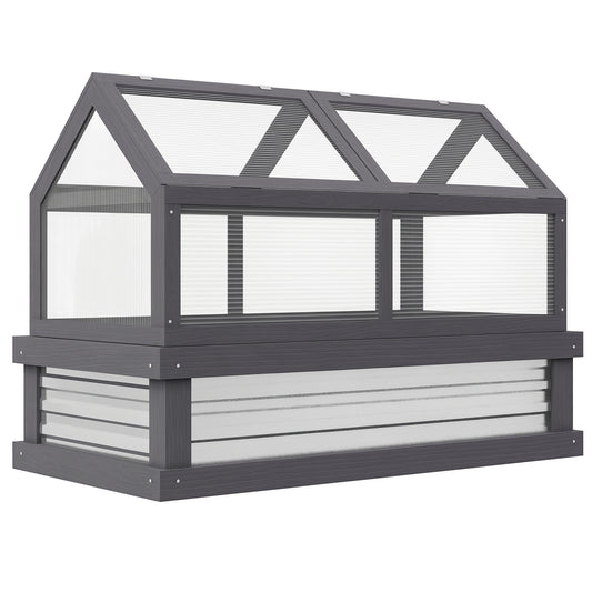 Raised Garden Flower Bed Kit with Greenhouse, Wooden Cold Frame Planter with Open Roofs, 48" x 24" x 32", Grey