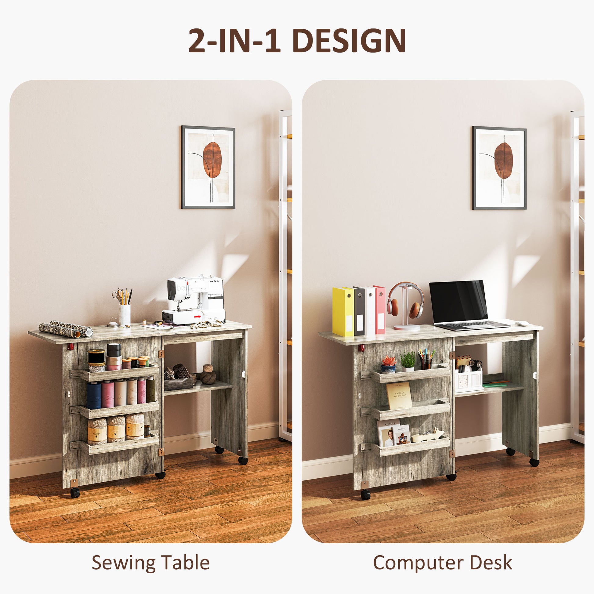 Sewing Machine Cabinet, Folding Sewing Table with Storage Shelf, Bins and Lockable Wheels for Small Space, Grey