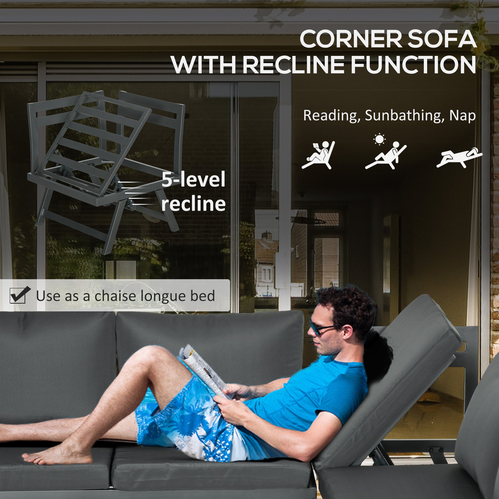 Outdoor Corner Garden Set, Convertible 4-Piece Furniture with 2 Sofas, 1 Corner Chair, and 1 Coffee Table, Grey
