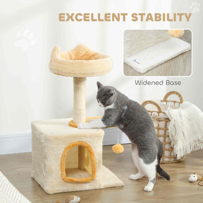 28" Cat Tree Tower with Plush Top Bed, Cozy Condo, Sisal Scratching Post, Perch, Dangling Ball, Beige and Yellow