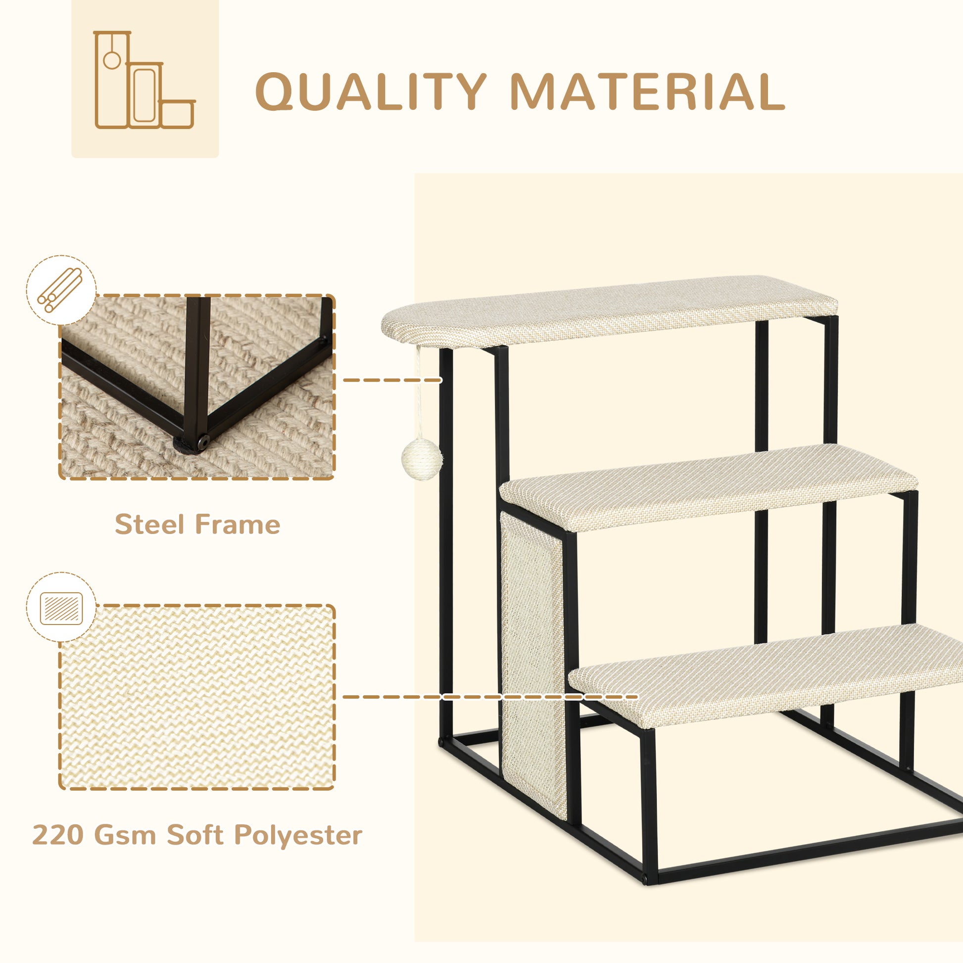 20" 3 Steps Cat Stairs, Carpeted Ladder Ramp, Pet Steps with Scratching Board and Hanging Ball for Small Cats, Steel Frame, Cream White