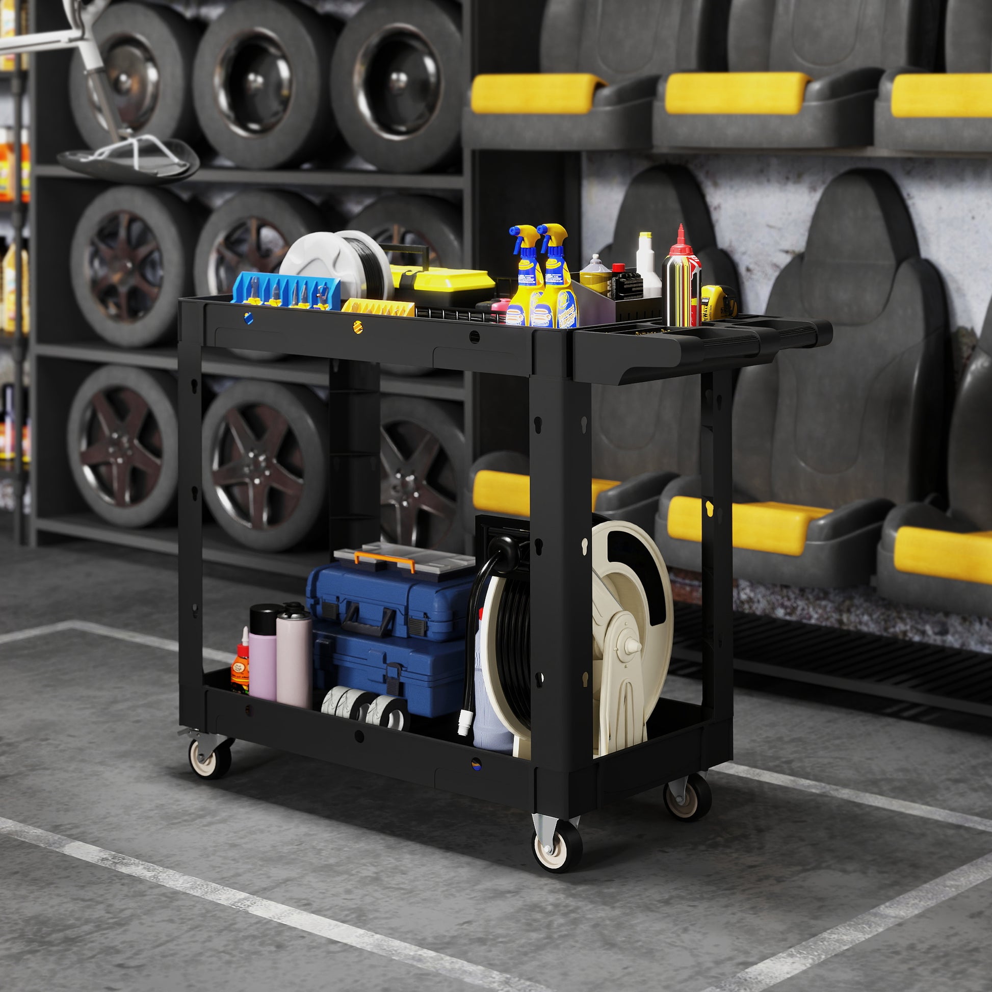 2-Tier Rolling Tool Cart with Wheels, 500 LBS Capacity Utility Cart with Handle, Mobile Service Tool Organizer, Black