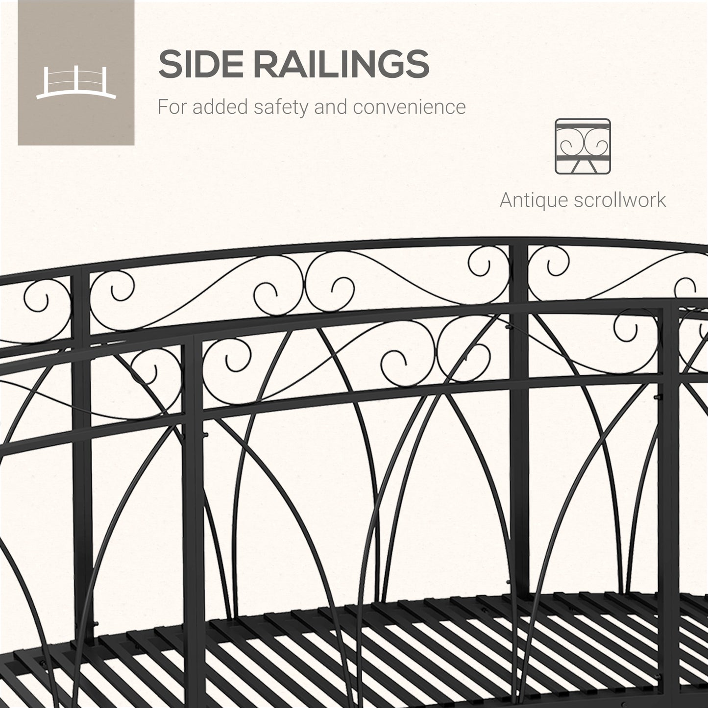 8' Metal Arch Garden Bridge Arc Footbridge with Guardrails and Decorative Scrollwork, Black