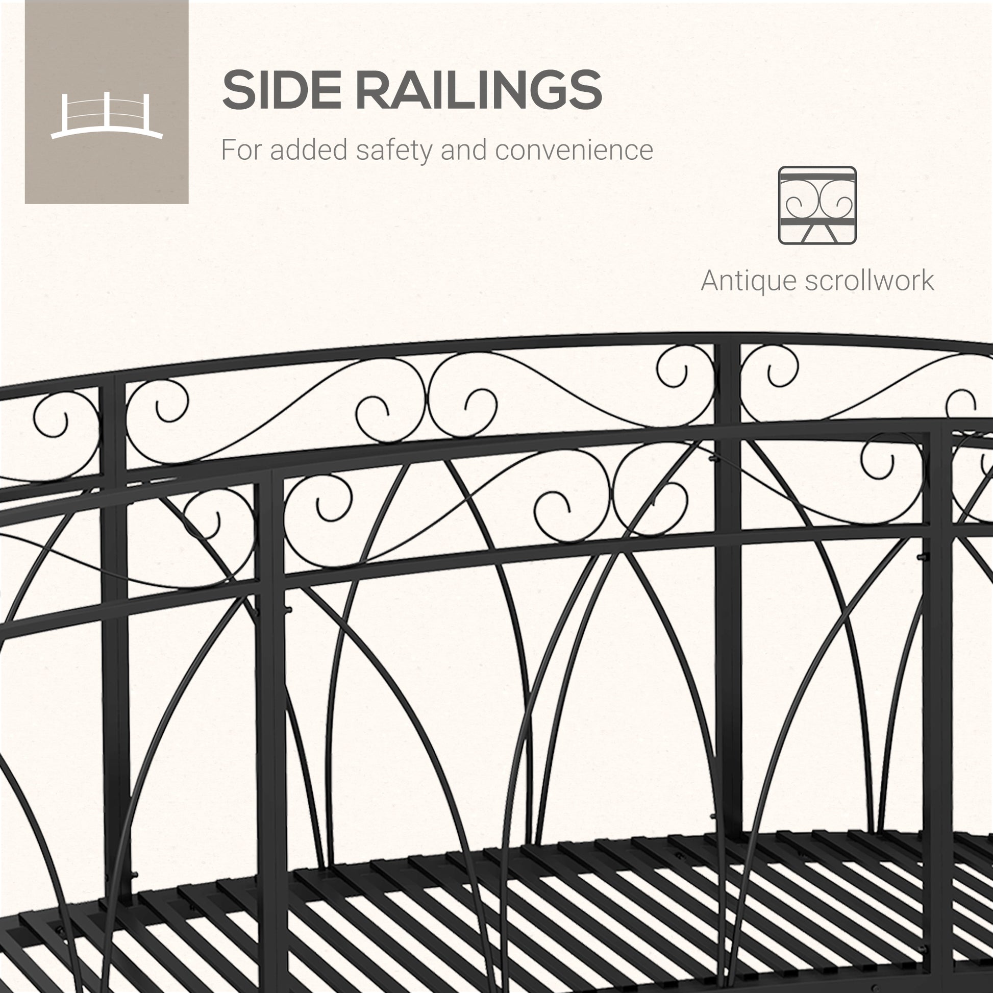 8' Metal Arch Garden Bridge Arc Footbridge with Guardrails and Decorative Scrollwork, Black