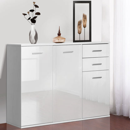 High Gloss Sideboard with 2 Drawers and 3 Doors, Buffet Cabinet with Adjustable Shelf, Coffee Bar Cabinet with Storage, White